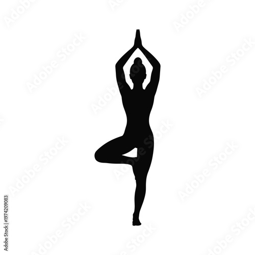Silhouette of a person in tree pose (vrksasana) with hands raised in prayer, representing yoga and wellness, inner peace