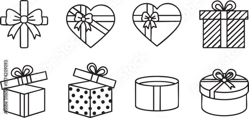 Gift Box and Present Icon Set with Heart Shaped Boxes and Surprise Ribbon Symbols