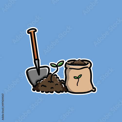 Gardening Shovel With Soil And Seedling Next To Burlap Sack Of Potting Soil