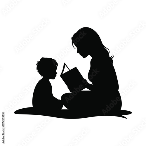 Silhouette of mother reading a book to her child, symbolizing education, imagination, and shared moments