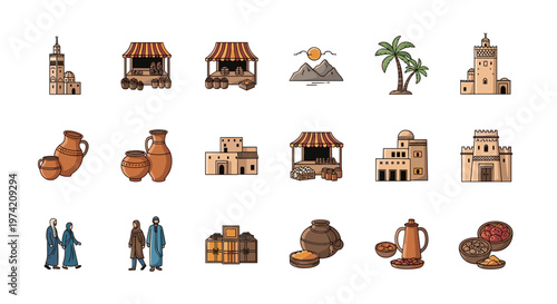 Collection of Middle Eastern cultural icons and architectural elements