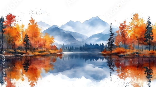 Autumn lake reflection landscape painting
