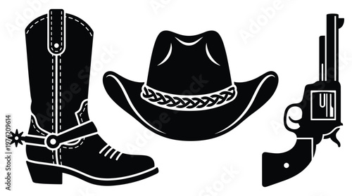 Cowboy gear set with boot and hat and revolver pistol silhouette icon.