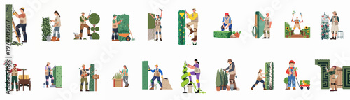 Collection of diverse gardeners and landscapers trimming hedges, pruning trees, and maintaining garden topiaries with various tools in a flat illustration style.