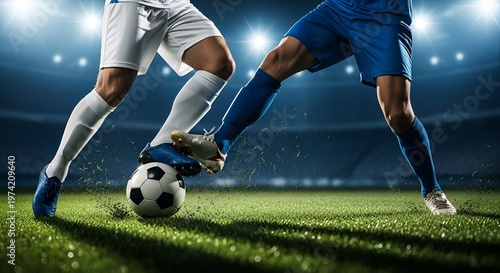 Close up of soccer players competing for the ball in a stadium at night.