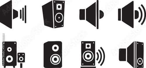 Audio Speaker and Sound System Icon Set with Megaphone Volume and Music Equipment Symbols