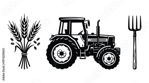 Farming vector icons with tractor wheat stalks and agricultural pitch.