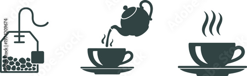 Set of Three Dark Teal Silhouette Icons Representing Tea Preparation and Consumption vector illustration