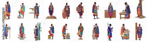 Illustrations of Maasai women in traditional attire performing various cultural tasks such as beadwork, weaving, and crafting, presented on a white background.