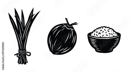 Set of lemongrass and coconut and rice in bowl black and white icons.