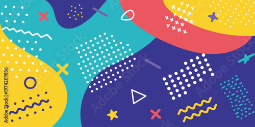 Vibrant Abstract Memphis Style Background with Geometric Shapes and Patterns vector illustration