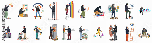 Collection of diverse graffiti artist characters in various poses and actions, featuring street art illustrations with spray cans and masks.