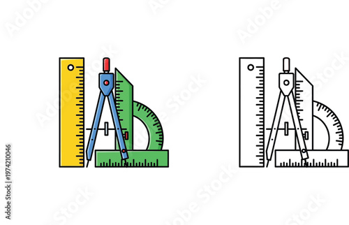 Set of geometry and drafting tools icons featuring ruler, compass, protractor, and set square in flat color and line art style for education, engineering, and architectural design.
