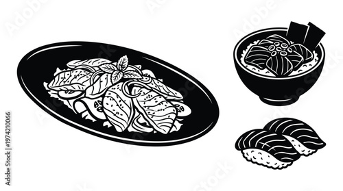 Salmon seafood dishes collection with sashimi poke bowl and nigiri.