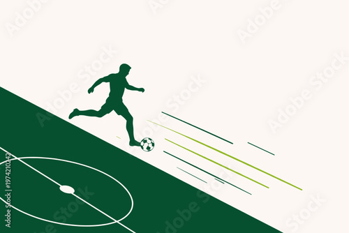 Soccer player running with ball on field. Football gameplay concept. Silhouette of football player in motion on pitch. Represents action, sport and competition.