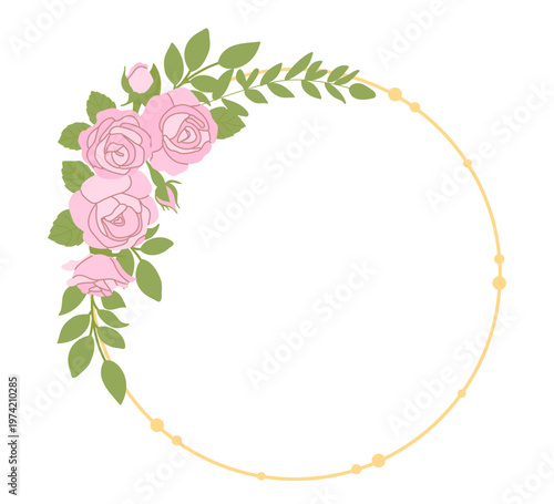 Elegant golden round frame decorated with an asymmetrical bouquet of pink roses and leaves. Beautiful vector illustration for wedding invitations and luxury branding design.