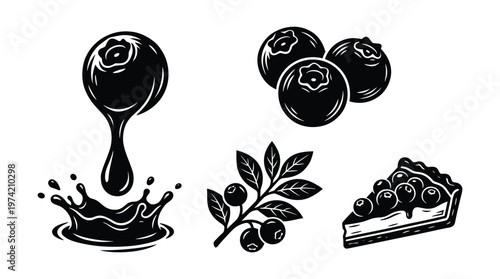 Black silhouette of blueberries and blueberry pie slice.