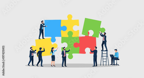 Teamwork assembling giant colorful puzzle pieces, business strategy and collaboration concept