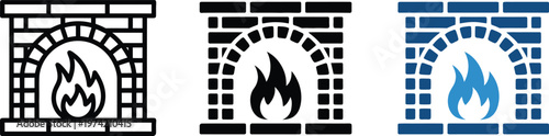 Brick fireplace icon set with burning flame inside archway showing domestic warmth and comfort style
