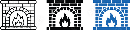 Home fireplace icons with flame detail including outline filled and colored variations for interface