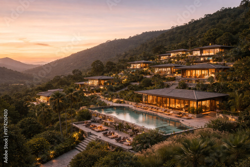 Modern tropical villas with glowing lights and an infinity swimming pool nestled on a lush green mountain slope under a sunset sky.
