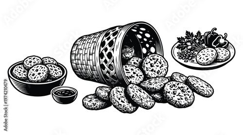 Food fritters spilled from basket with dipping sauce and vegetables.