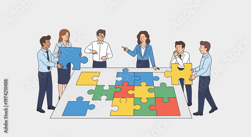 Teamwork assembling jigsaw puzzle, business people collaborating on strategy and problem-solving