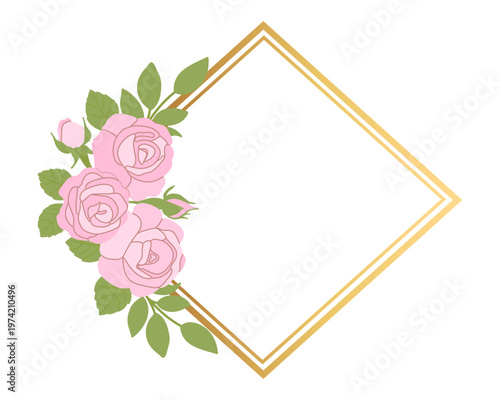 Elegant diamond shaped golden frame decorated with a bouquet of pink roses and green leaves. Minimalist vector illustration for wedding invitations and luxury branding.