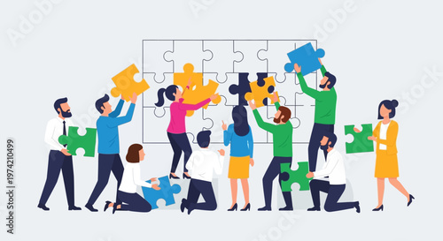 Teamwork assembling jigsaw puzzle, collaboration, business strategy, problem solving, success