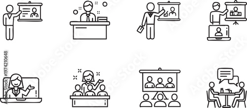 Business Presentation and Online Training Icon Set with Corporate Meeting and Webinar Symbols