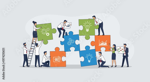 Teamwork assembling puzzle pieces, business strategy, collaboration, success, innovation