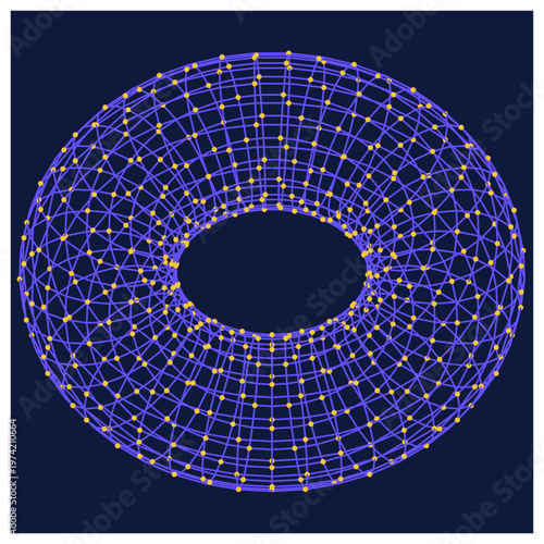 Detailed wireframe structure of a blue and yellow torus on transparent