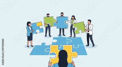 Teamwork assembling puzzle pieces, collaboration, strategy, business concept, success, partnership