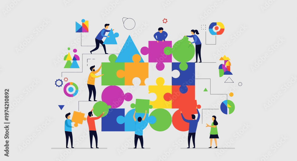 Fototapeta premium Teamwork building puzzle, collaboration, strategy, connection, ideas, success, people working together