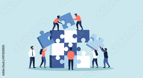 Teamwork building puzzle structure, collaboration, strategy, success, connection, problem solving concept