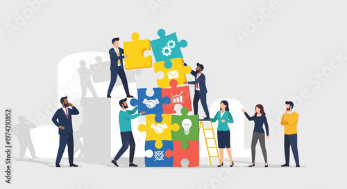 Teamwork building puzzle, business strategy, collaboration, success, partnership, ideas, growth