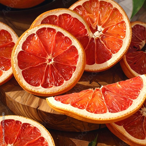 Freshly sliced blood oranges on a wooden cutting board