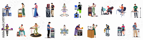 Bild auf Leinwand Large collection of diverse male and female DJs performing with professional audio equipment, turntables, and speakers, isolated flat vector illustrations