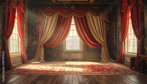 Elegant room interior with large windows and ornate curtains