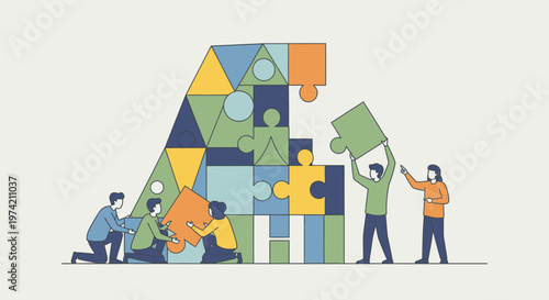 Teamwork building abstract shape with colorful puzzle pieces, collaboration and strategy concept