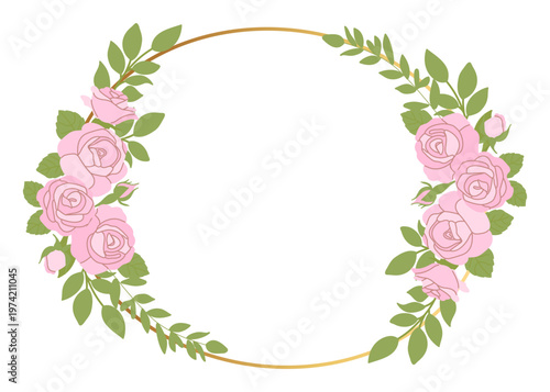 Elegant golden round frame decorated with symmetric pink rose bouquets and green leaves. Beautiful vector illustration for wedding invitations and luxury branding design.