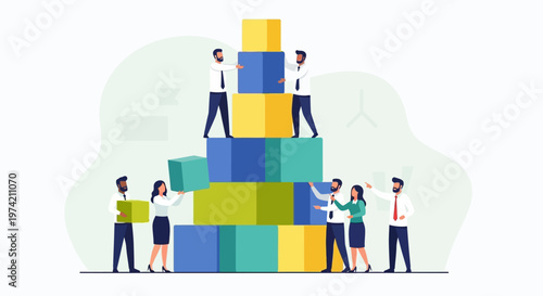 Teamwork building blocks, business people constructing tower, collaboration and success concept