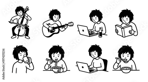 Cartoon panels showing daily routines: music practice, laptop work, reading, eating, drinking, brushing teeth, expressive everyday lifestyle activities.