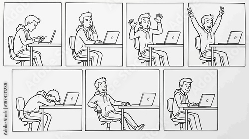 Comic panels showing laptop work emotions: triumph, frustration, resignation, persistence, illustrating ups and downs of digital study tasks.