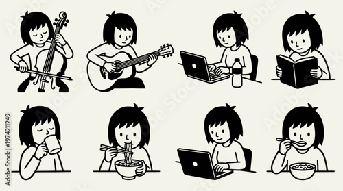 Cartoon panels showing daily routines: music practice, laptop work, reading, eating, drinking, brushing teeth, expressive everyday lifestyle activities.
