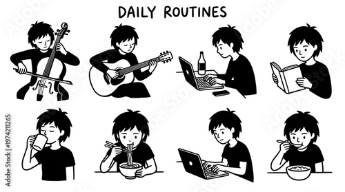 Cartoon panels showing daily routines: music practice, laptop work, reading, eating, drinking, brushing teeth, expressive everyday lifestyle activities.