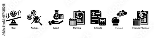 Cost Strategy web banner icon vector illustration with icons of Cost,Analysis,Budget,Planning,Estimate,Forecast and Financial Planning