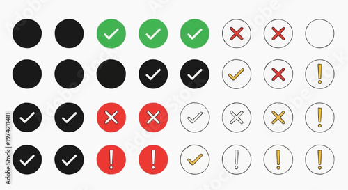 Set of flat UI interface icons with checkmarks, cross marks and exclamation points in solid and circular outline styles
