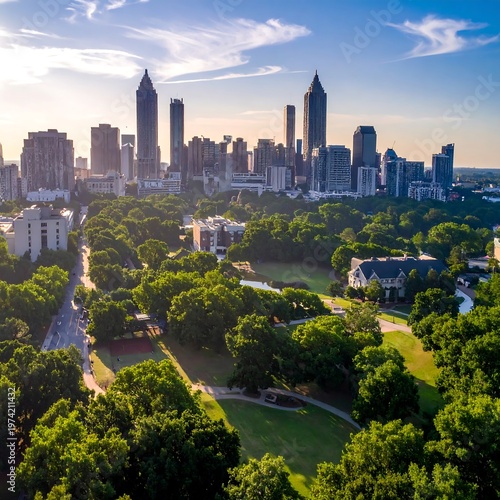 An aerial cityscape view at sunset. Tall buildings tower behind lush, green trees and a wide, grassy park under a bright blue sky