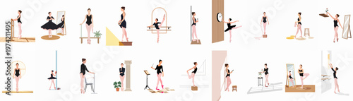 Collection of minimalist flat vector illustrations featuring a ballerina in diverse poses, exercises, and daily activities within a dance studio setting.